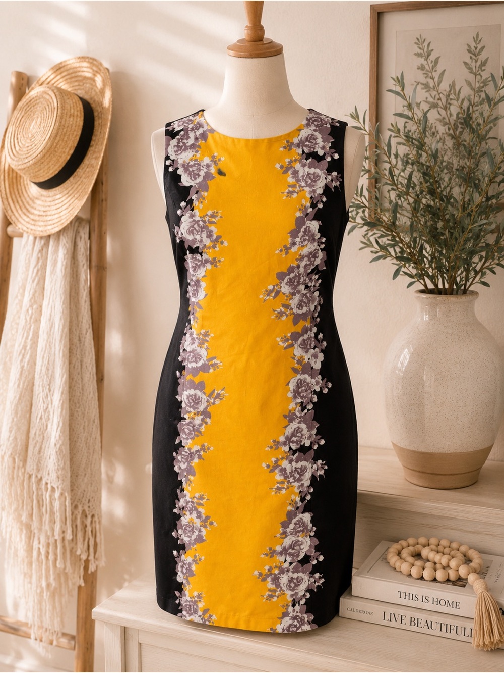 Robbie Bee Yellow and Black Floral Midi Dress Size 14